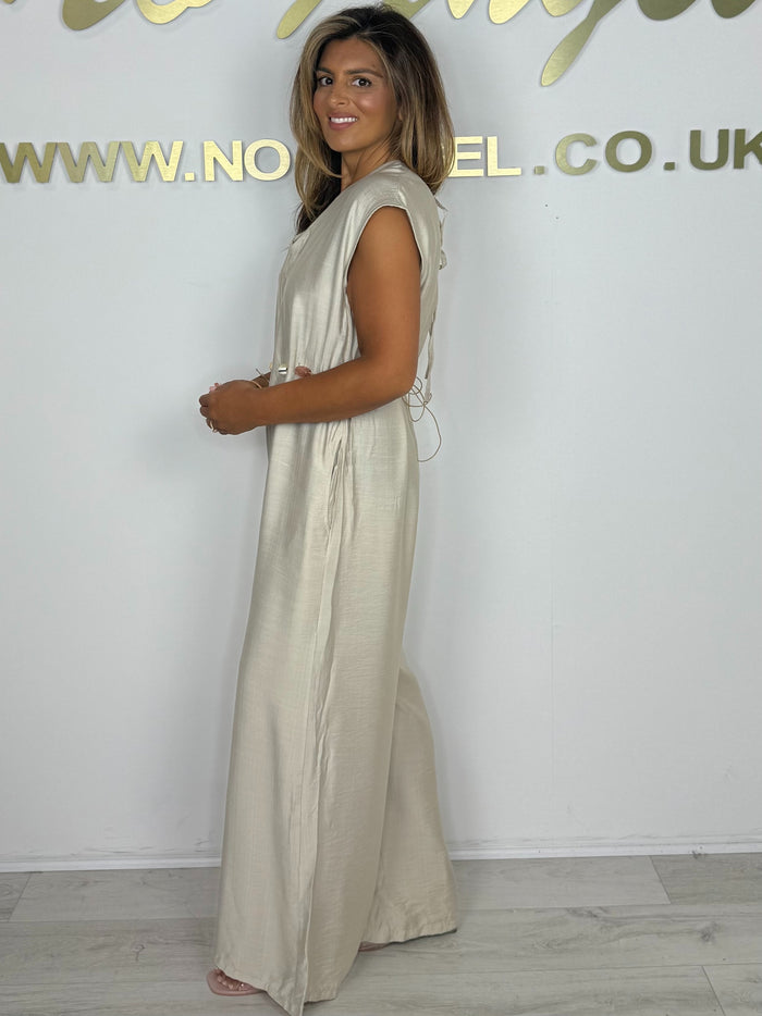 V-Neck Cap Sleeve Jumpsuit With Beaded Belt Detailing (4 Colours)