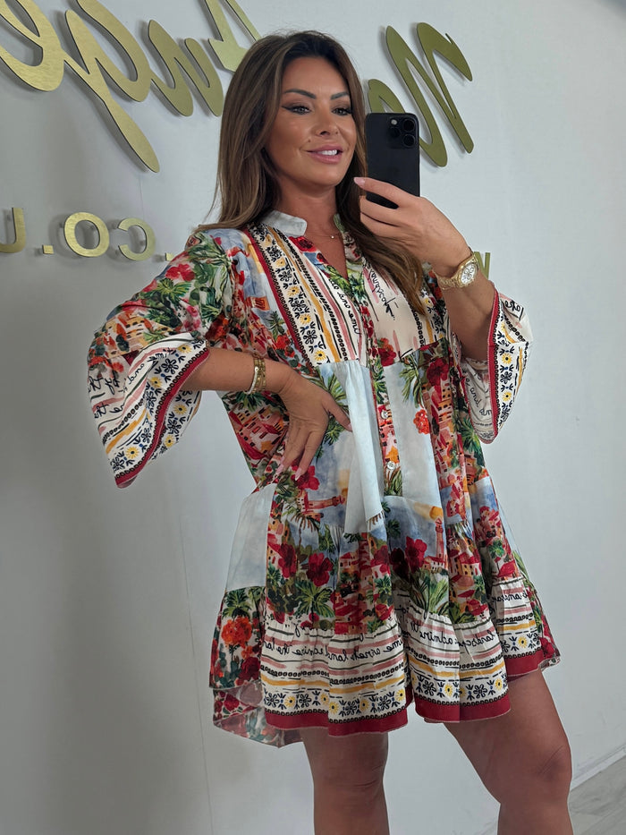 V-Neck Positano Print Swing Dress (2 Colours)