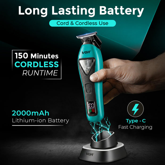 VGR V-035T Professional Hair Trimmer For Men, 9000 RPM, 150 Min Runtime, DLC Blades, Teal Blue