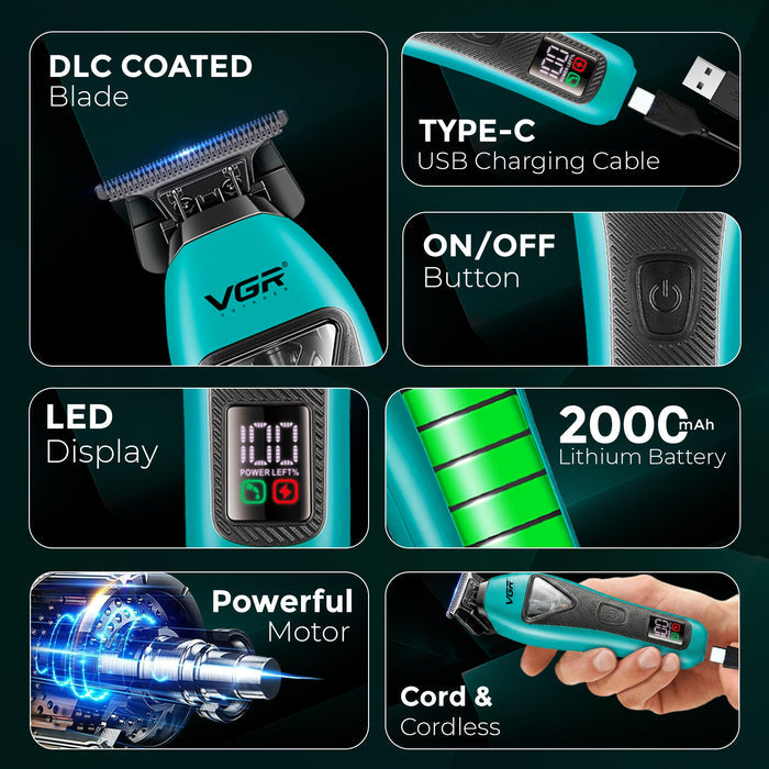 VGR V-035T Professional Hair Trimmer For Men, 9000 RPM, 150 Min Runtime, DLC Blades, Teal Blue