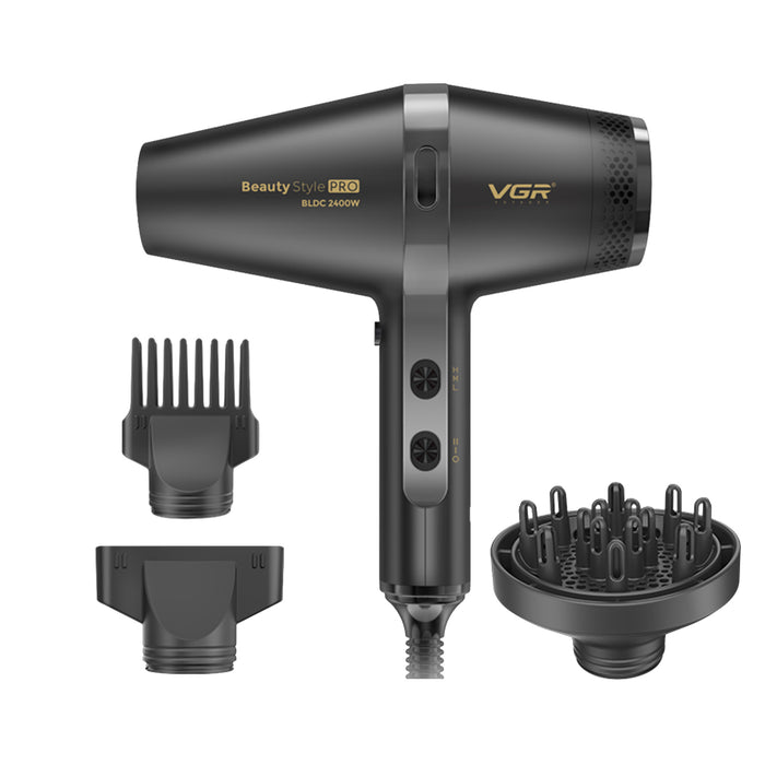Black hair dryer with attachments on a white background