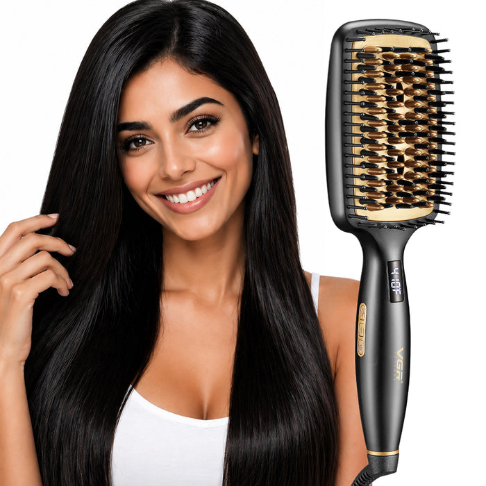 A smiling woman with long, straight, glossy black hair holds up a black Vgr flat styling brush with gold-colored bristles and a beige bristle cap, set against a solid white background.