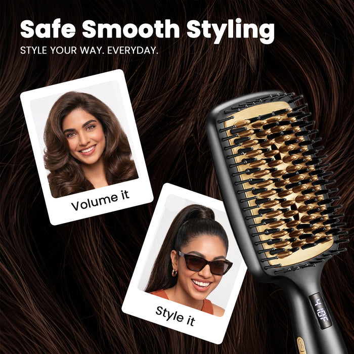 A black paddle hairbrush with beige bristles is shown on a dark brown hair background, alongside two sample portrait cards labeled 'Volume it' and 'Style it,' with the headline 'Safe Smooth Styling' at the top.