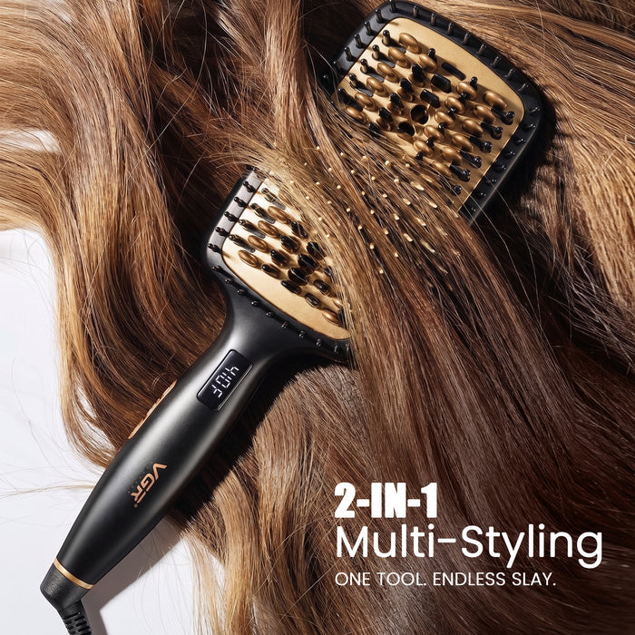 A black and gold VGR 2-in-1 multi-styling brush with paddle bristles, shown resting on a bed of brown hair. The image features promotional text on the bottom right reading '2-IN-1 Multi-Styling ONE TOOL ENDLESS SLAY.