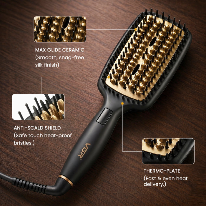 A black and gold hair straightening brush with feature callout graphics on a dark wood background. The image includes three inset detail photos labeled 'MAX GLIDE CERAMIC,' 'ANTI-SCALD SHIELD,' and 'THERMO-PLATE,' with the brand name VGEA visible on the handle.
