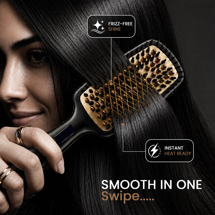A close-up of a woman holding a black paddle hairbrush against her dark hair, with feature callouts reading 'FRIZZ-FREE SHINE' and 'INSTANT HEAT READY' and the text 'SMOOTH IN ONE Swipe.