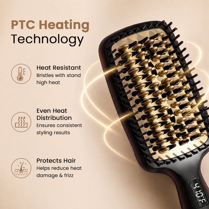 A heated hairbrush shown on a warm beige background with marketing text about PTC heating technology. The brush has a dark handle and bristles with a metallic gold and black pattern, and glowing light effects illustrate heat distribution.