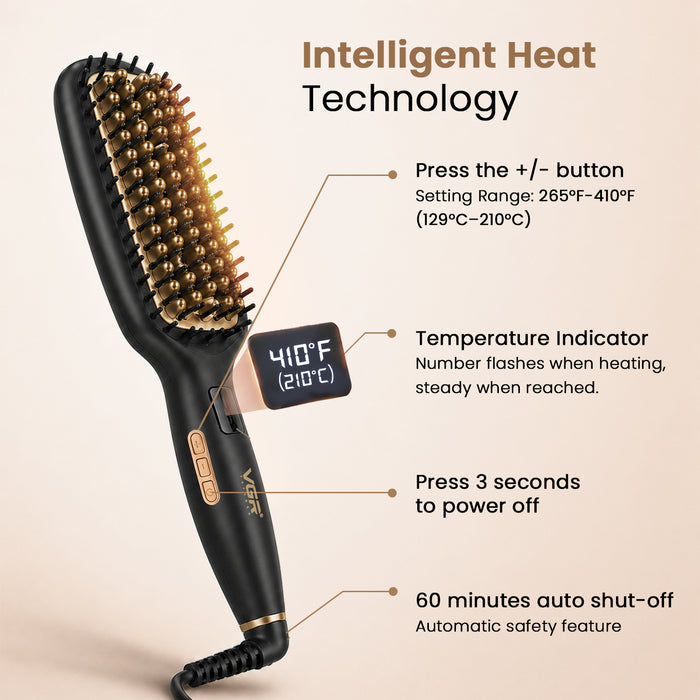 Black and gold hair straightener brush with a digital temperature display, shown with callout lines and text explaining smart heat technology features on a light beige background.