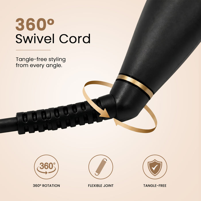 A black hair styling tool with a swivel cord and gold accent ring, shown on a beige background with text and icons highlighting 360-degree rotation, flexible joint, and tangle-free styling.