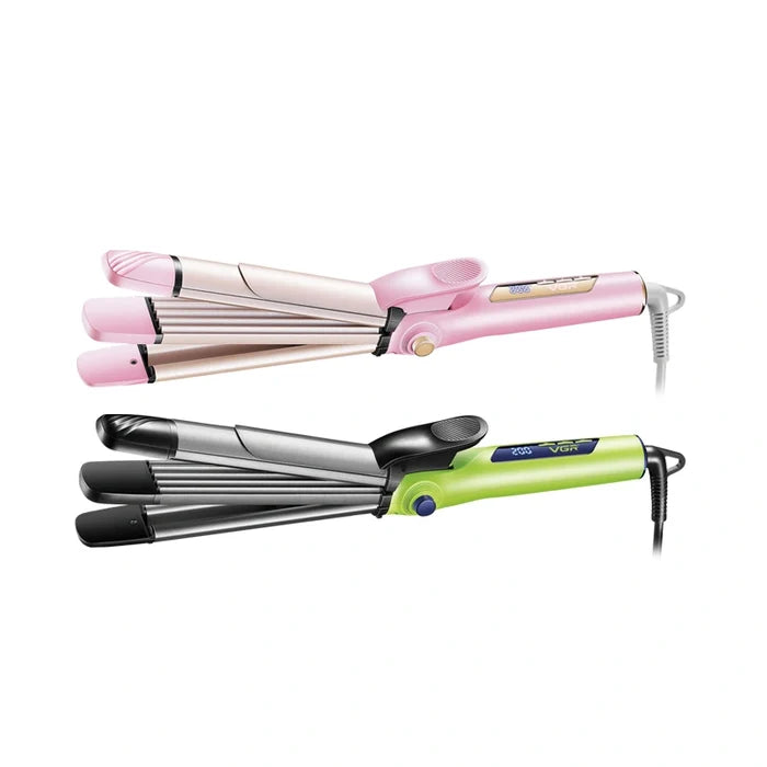 Two hair straighteners, one pink and white, the other green and black, on a white background.