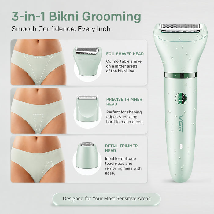 VGR V-735 Professional 3-in-1 Lady Shaver Set | Waterproof Cordless Trimmer for Women (Green/Pink)