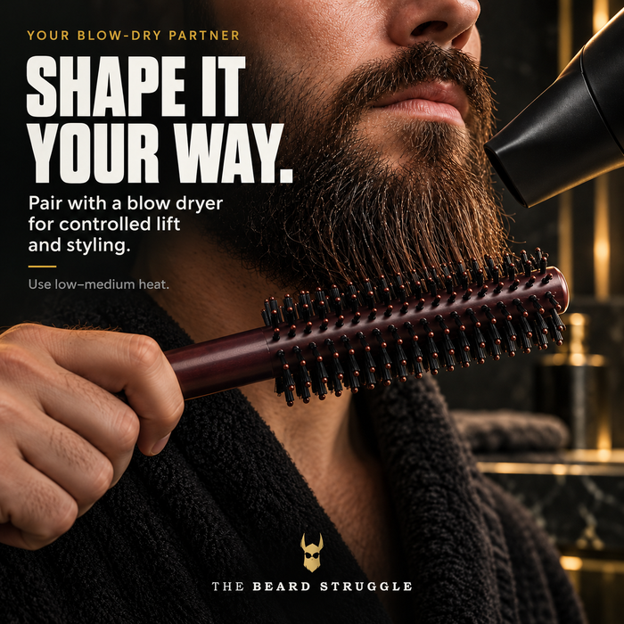Bearded man blow-drying his beard with the Viking Roller Beard Brush, headline Shape It Your Way