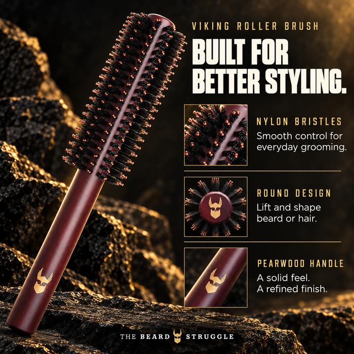 Viking Roller Beard Brush with nylon bristles, round design and pearwood handle on dark rock, headline Built for Better Styling