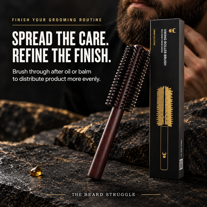Viking Roller Beard Brush on a dark surface with a drop of beard oil and a bearded man in the background, headline Spread the Care Refine the Finish