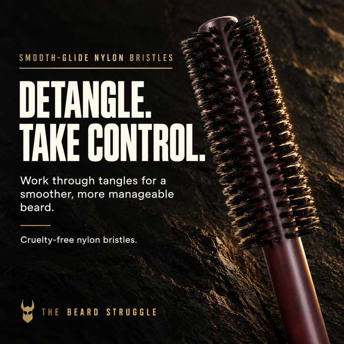 Close-up of the Viking Roller Beard Brush smooth-glide nylon bristles, headline Detangle Take Control