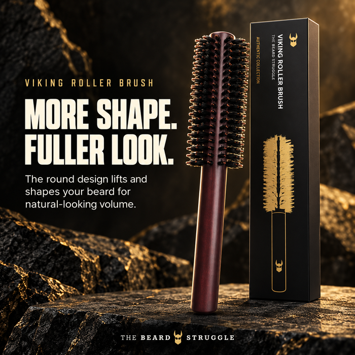 Viking Roller Beard Brush and its black and gold box on dark rock, headline More Shape Fuller Look