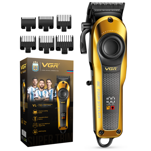 Gold and black VGR hair trimmer with packaging and attachments on a white background