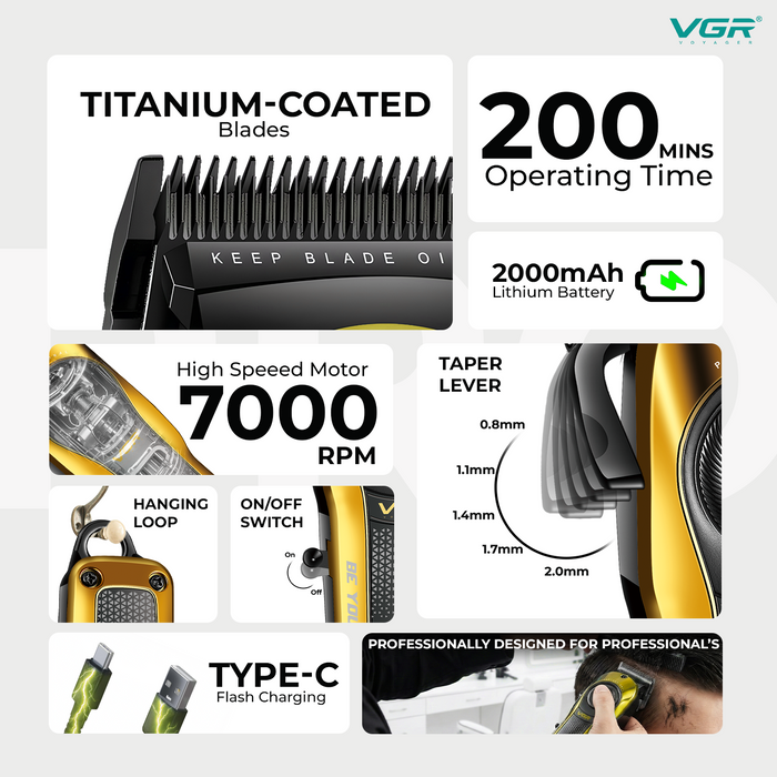Hair trimmer with features highlighted on a white background