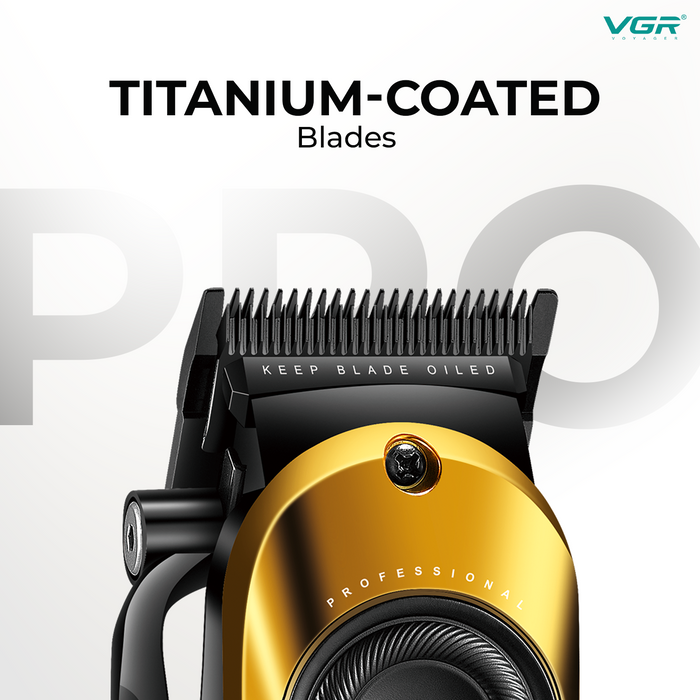 Gold and black hair trimmer with 'Titanium-Coated Blades' text on a white background