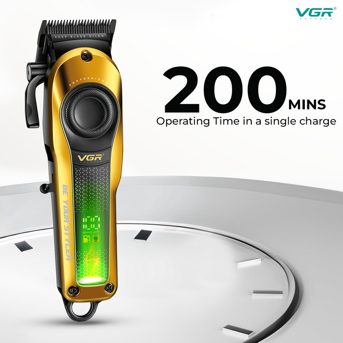 Gold and black VGR hair clipper with digital display on a white background