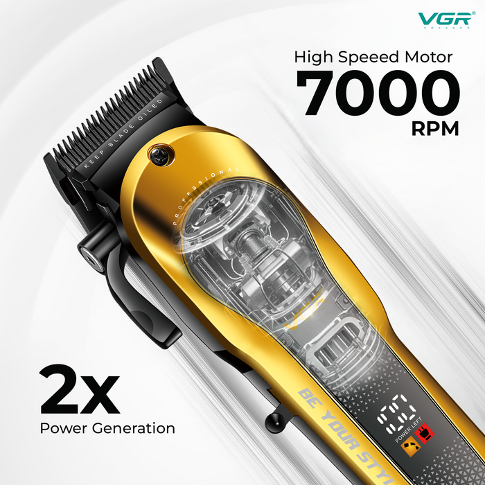 Gold and black hair trimmer with high-speed motor and power generation features on a white background