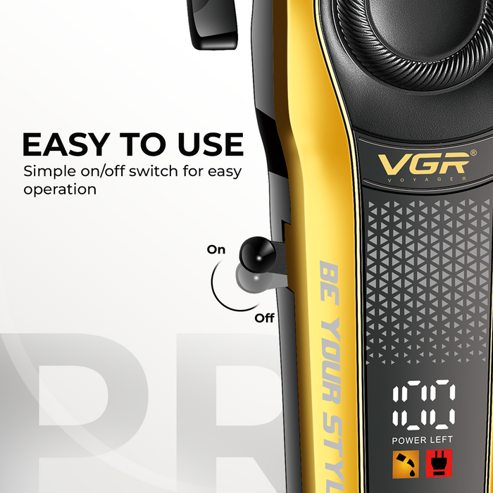 VGR hair trimmer with on/off switch and power display on a white background