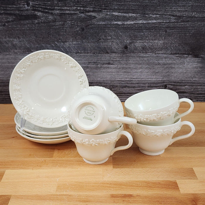Wedgwood Cream Tea Cup & Saucer 4 Set Embossed Mug Queens Ware Etruria Barlaston