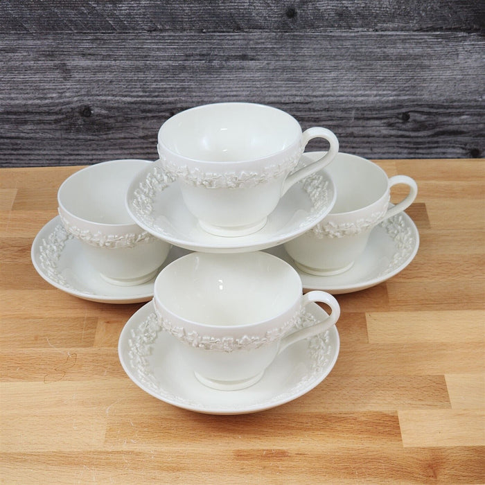 Wedgwood Cream Tea Cup & Saucer 4 Set Embossed Mug Queens Ware Etruria Barlaston
