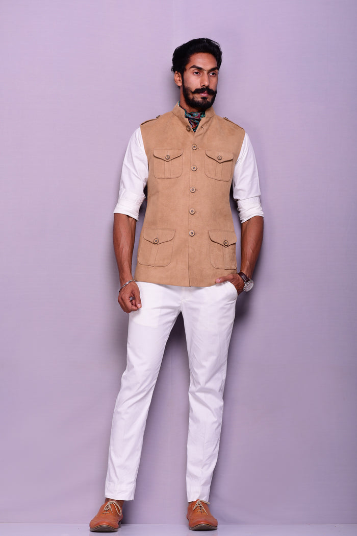 Wheat Brown Suede Leather Semi Hunting Jacket