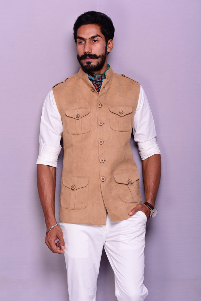 Wheat Brown Suede Leather Semi Hunting Jacket
