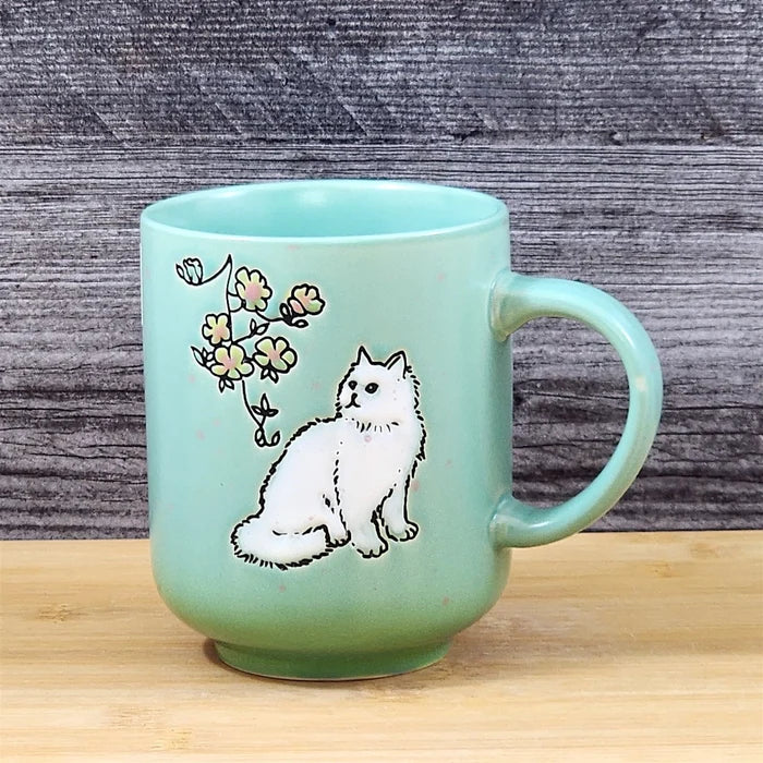 Whimsical Cat Lover Coffee Mug Floral Embossed Ceramic Tea Cup Blue Sky 17oz