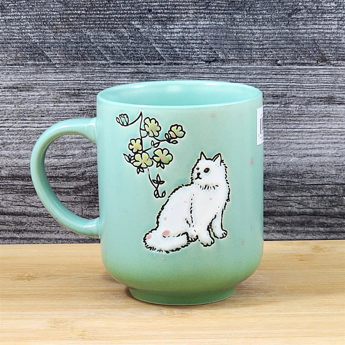 Whimsical Cat Lover Coffee Mug Floral Embossed Ceramic Tea Cup Blue Sky 17oz