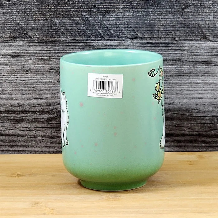 Whimsical Cat Lover Coffee Mug Floral Embossed Ceramic Tea Cup Blue Sky 17oz