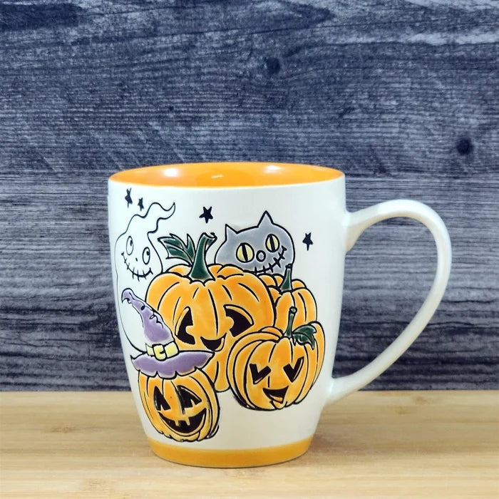 Whimsical Jack-O-Lantern Halloween Coffee Mug Orange Ghost Cup Ceramic Blue Sky