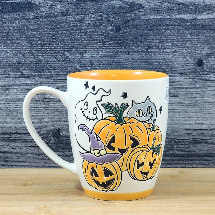 Whimsical Jack-O-Lantern Halloween Coffee Mug Orange Ghost Cup Ceramic Blue Sky
