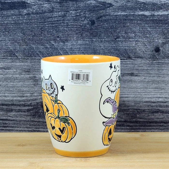 Whimsical Jack-O-Lantern Halloween Coffee Mug Orange Ghost Cup Ceramic Blue Sky