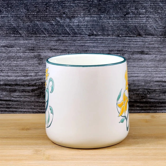 White Ceramic Mug with Yellow Daffodil Floral Embossed 18 oz Tea Cup Blue Sky