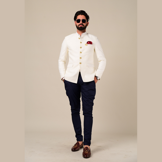 White Elephant Button Bandhgala Blazer with Navy Blue Trouser