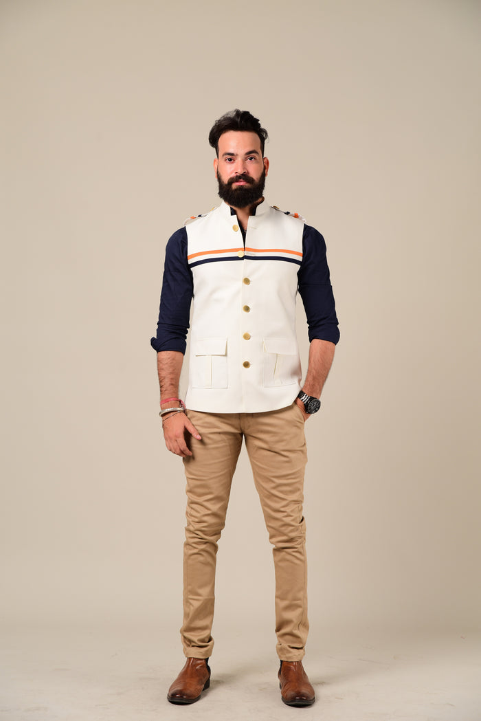 White Half Hunting Jacket With Navy & Saffron Strips