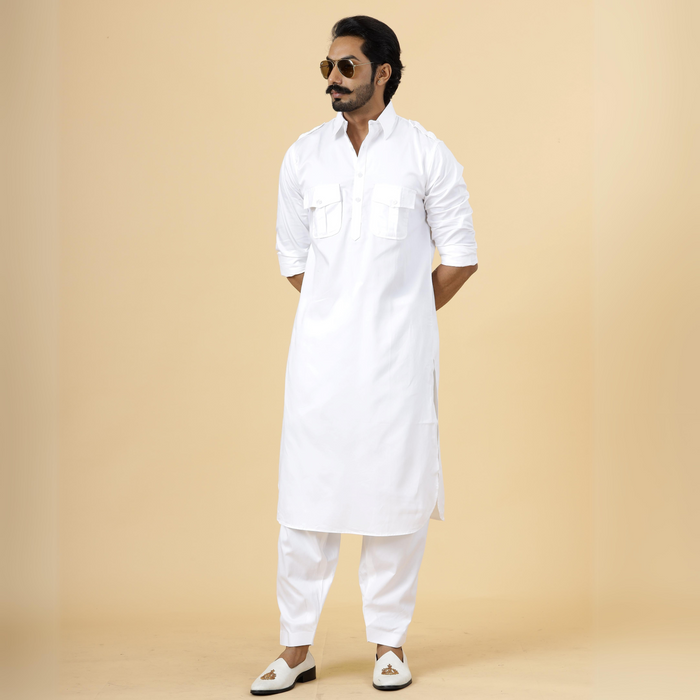 White Pathani Kurta Pajama Set for Men