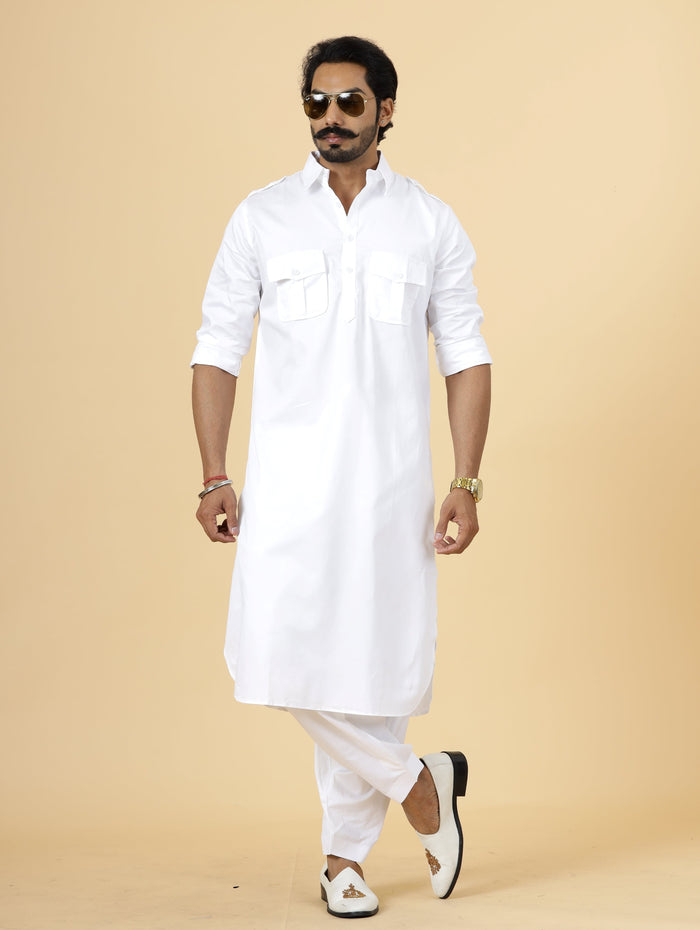 White Pathani Kurta Pajama Set for Men