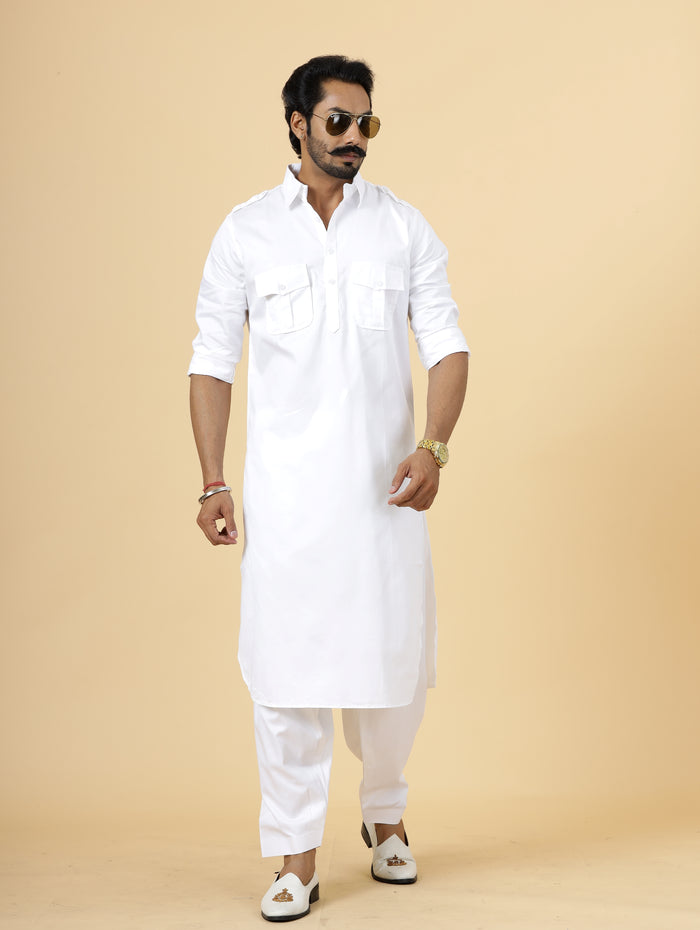 White Pathani Kurta Pajama Set for Men