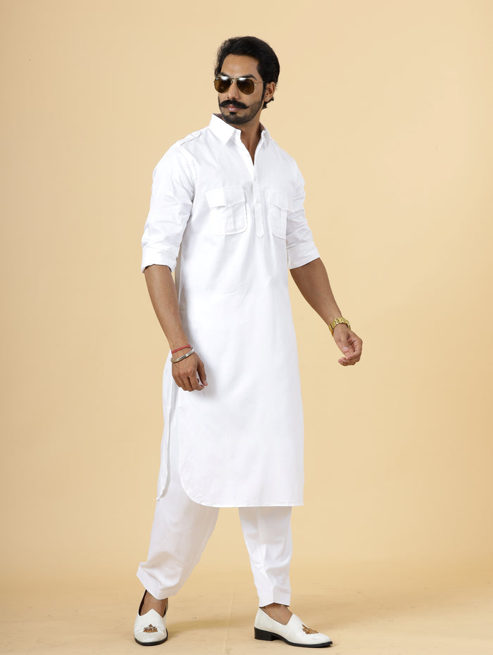 White Pathani Kurta Pajama Set for Men