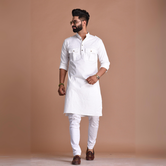 White Short Collared Hunting Style Kurta pajama
