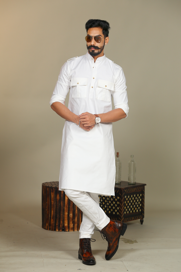 White Short Collared Hunting Style Kurta pajama