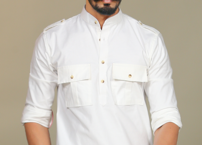 White Short Collared Hunting Style Kurta pajama