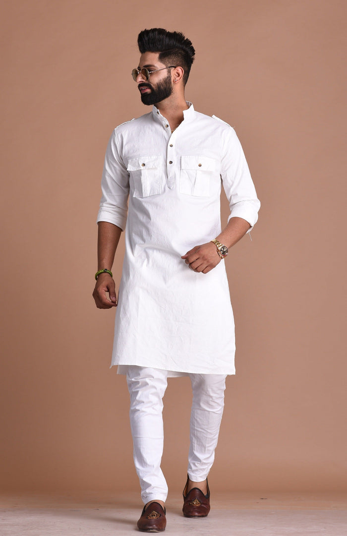 White Short Collared Hunting Style Kurta pajama