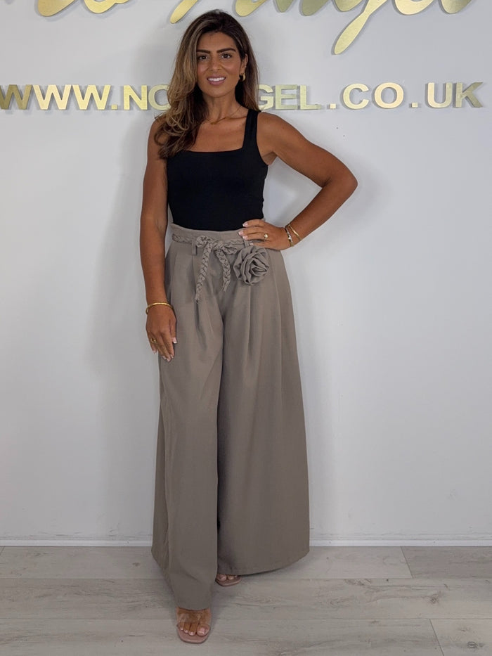 Wide Leg Plaited Belt Detail Flower Broach Trousers (4 Colours)