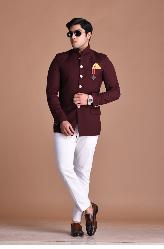 Wine Jodhpuri Bandhgala Designer Blazer with White Trouser