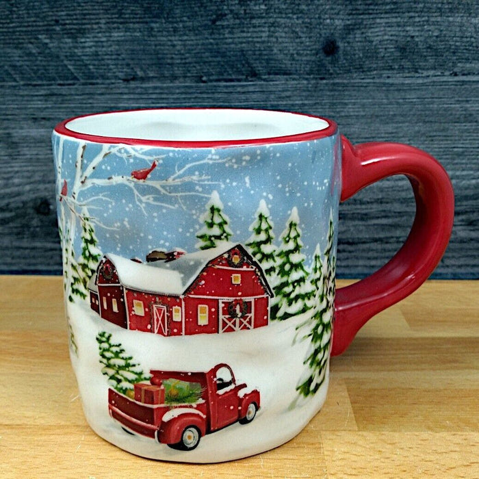 Winter Scene Red Barn and Truck Coffee Mug Christmas Holiday Cup by Blue Sky